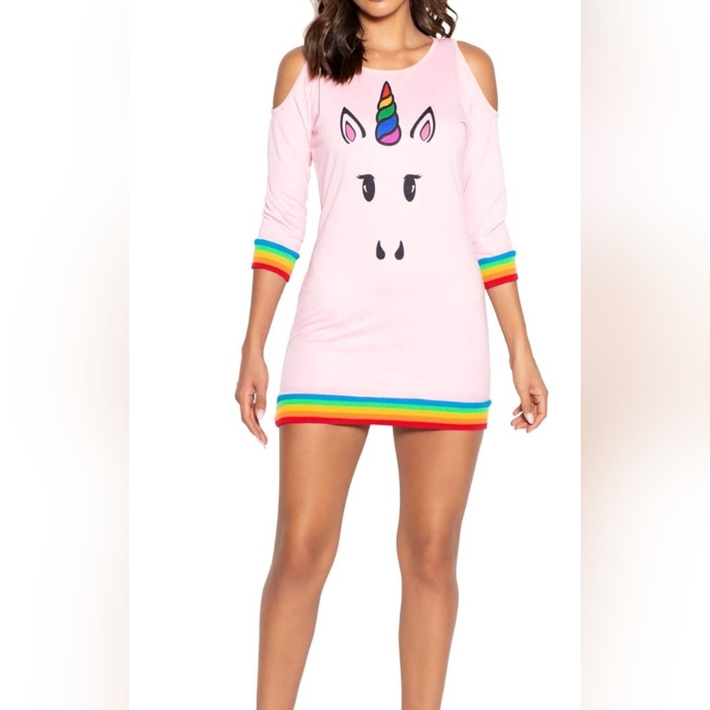NWT! Rainbow Unicorn Pink Open Shoulder Sweater Dress/Costume. L